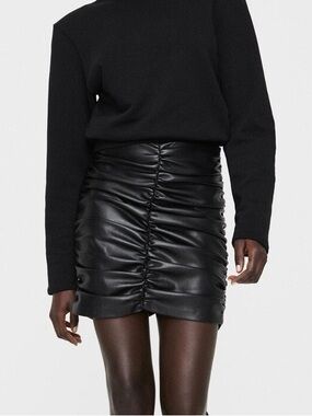 Zara Faux Leather Ruched Mini Skirt XS Black NWT